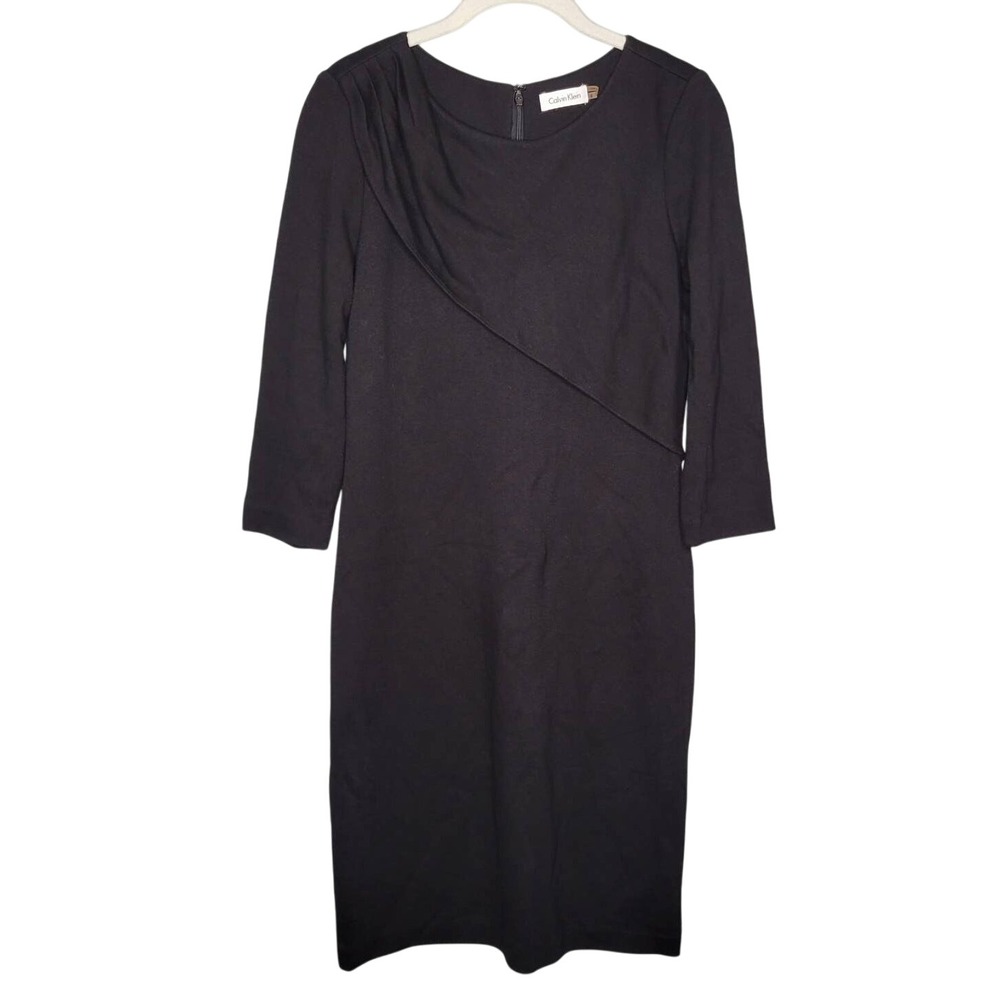 Calvin Klein Black Dress Women's Size 6 Stretch Knit Career Faux Wrap Dark Work